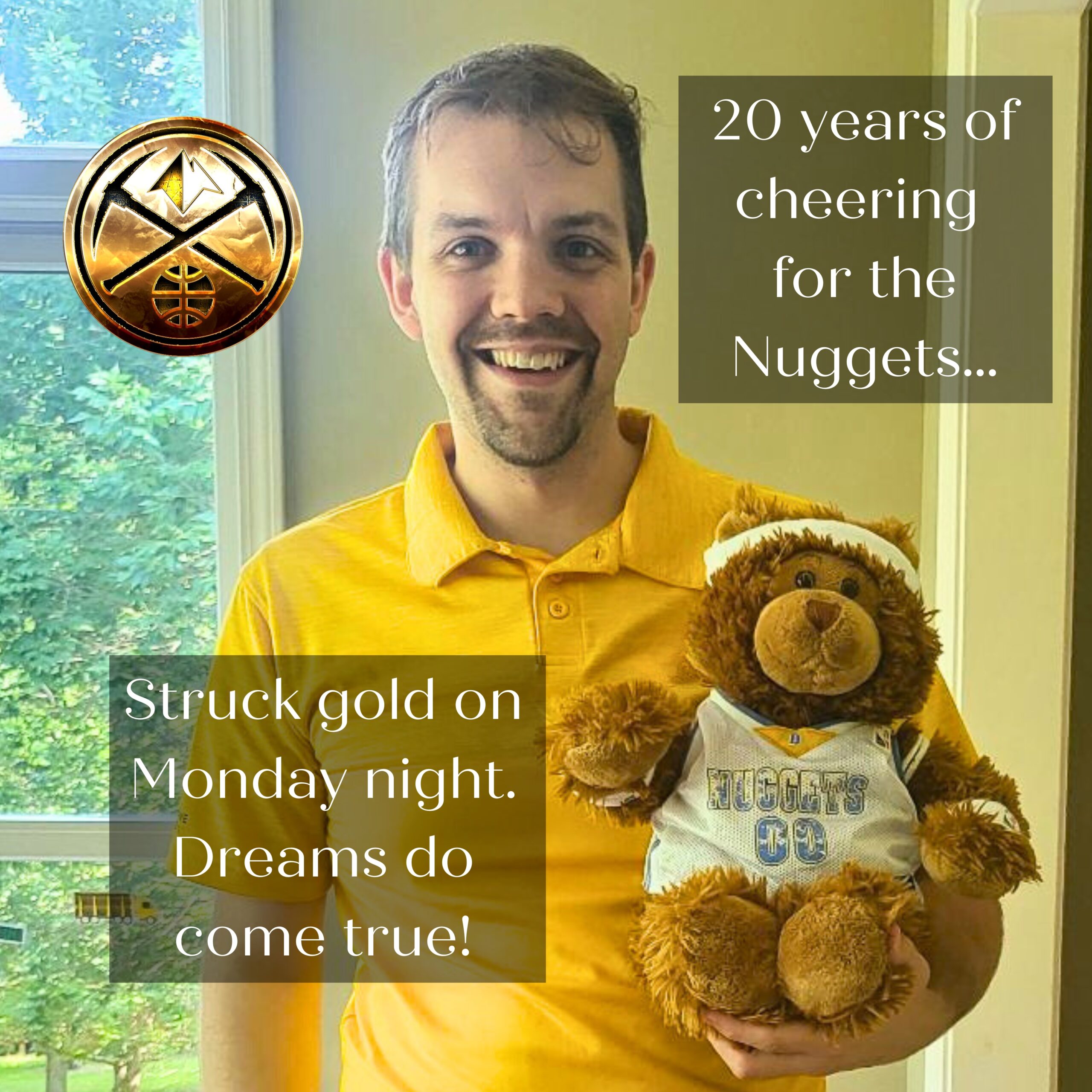 Jonathan Seppo, co-owner of Andrea Lyn Events, pictured with his stuffed Nuggets bear after the Nuggets won their first NBA Championship